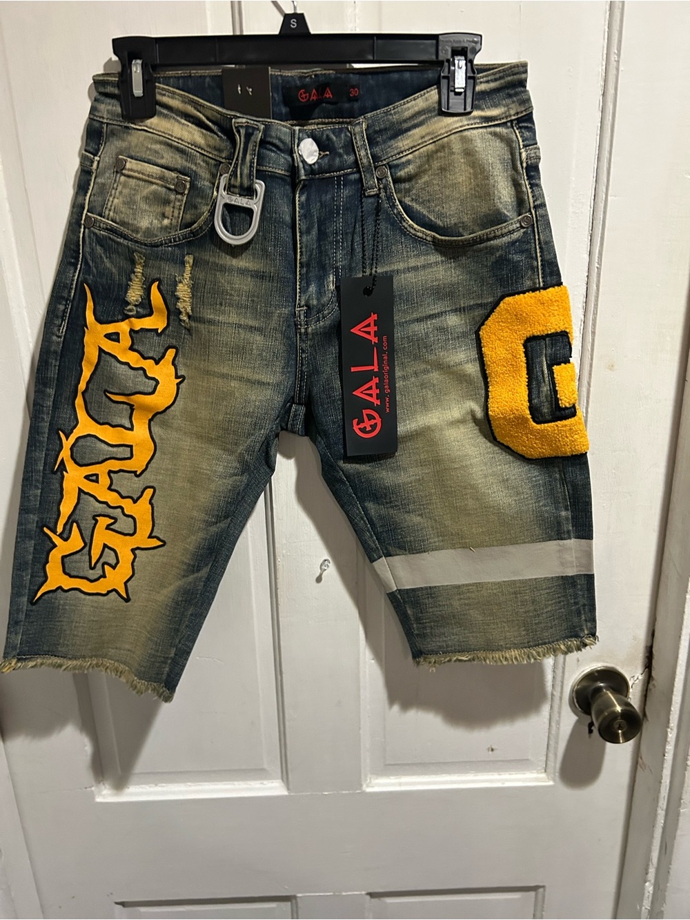 GALA Men's Distressed Blue Denim Jean Shorts with Yellow Patch Details